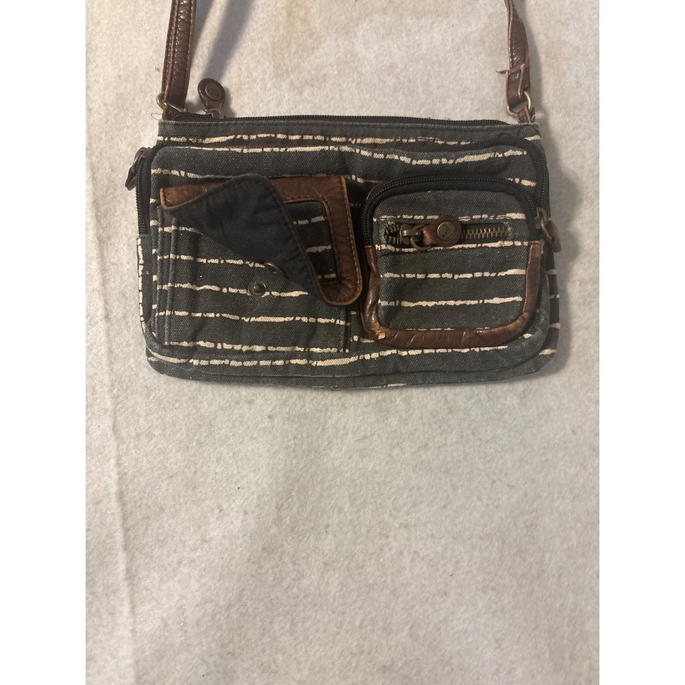 Roxy Crossbody Bag Womens Small Black Striped Canvas Good Faux Leather Trim